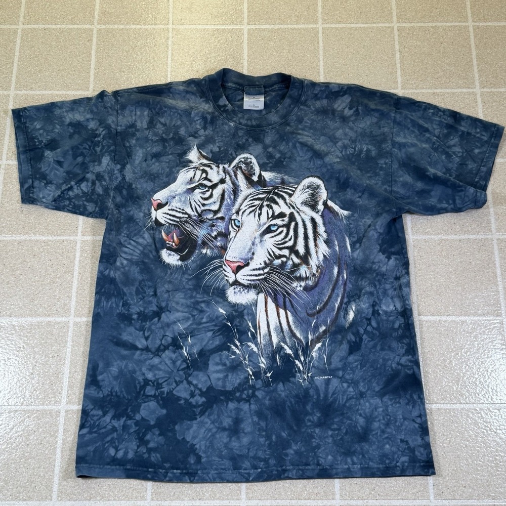 Vintage 90s Rainforest Cafe Crew Neck White Tiger Tie Dye Tee T-Shirt Blue XL
